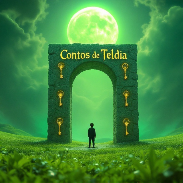 A vibrant greenery field under a surreal green sun dominates the background. At the center, a grand arch made of rough-hewn stones stands tall, with five key-shaped golden stones embedded within it, glinting in the unusual sunlight. In front of the arch, a solitary boy in black attire stands, gazing at the structure with a mix of curiosity and anticipation.