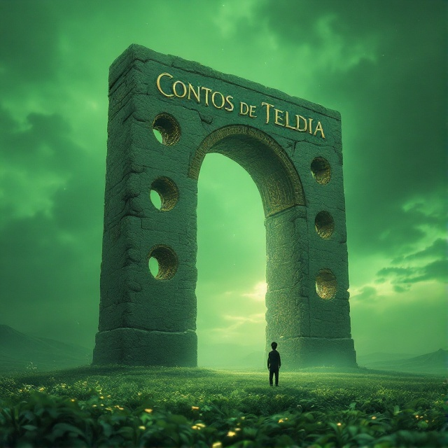 A giant stone arch with five holes is set in a large, lush green field. The arch is adorned with intricate Celtic style marks. There is a soft, magical light illuminating the arch with a subtle, ethereal glow. A teen boy dressed in black clothes stands at the bottom left of the arch, looking up at it in awe. The sky is a unique, vibrant green color.