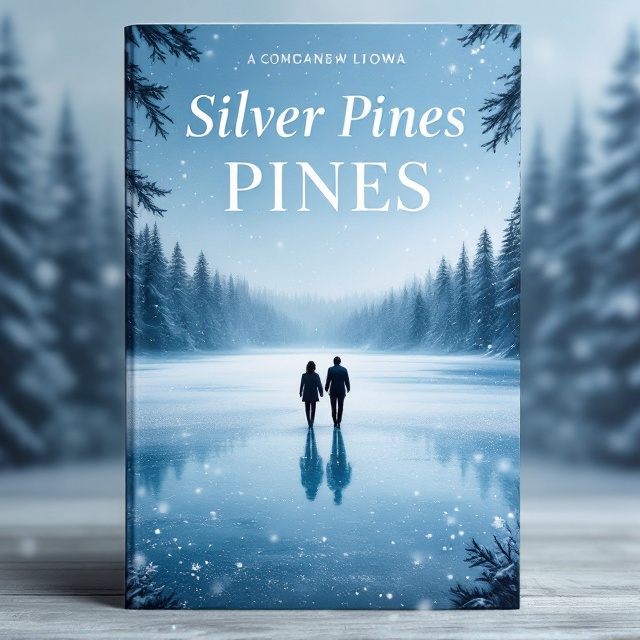 The background features a serene, expansive frozen lake with a soft, misty sky blue hue. Snowflakes gently fall across the foreground, creating an ethereal and romantic atmosphere. Silhouetted pine trees border the lake, their dark forms adding an element of mystery. In the center, slightly blurred to suggest movement or hesitation, are two distant, shadowy figures walking toward each other.