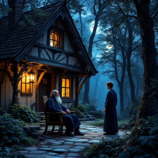 An old magician dressed in dark navy blue clothes is sitting in a wooden chair outside his medieval-style house. The cozy night is filled with tall trees casting shadows. The magician’s son stands close to him, both with a look of contemplation as they gaze at the mysterious forest. The moonlight softly illuminates their figures, and celtic patterns subtly border the top and bottom edges of the cover.