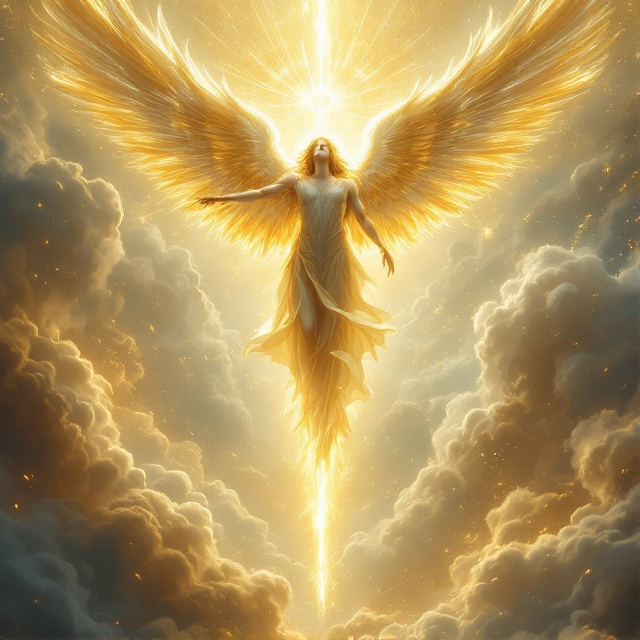 A majestic scene with an angel descending from the heavens, bathed in a golden glow. The angel's presence is overpowering, casting a divine light upon the scene. Shadows of shivering demons lurk in the corners, embodying fear. The background features an ethereal mixture of white and gold, with abstract celestial forms that evoke a sense of the unknown.
