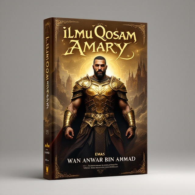 The cover features a strong, valiant male warrior, standing triumphantly. He is adorned in golden armor ("EMAS"), exuding an aura of heroism and strength. The background showcases a mystical, fantasy landscape with a subtle use of the primary color brown to create a rich, earthy feel, complemented by a shimmering castle in the distance.