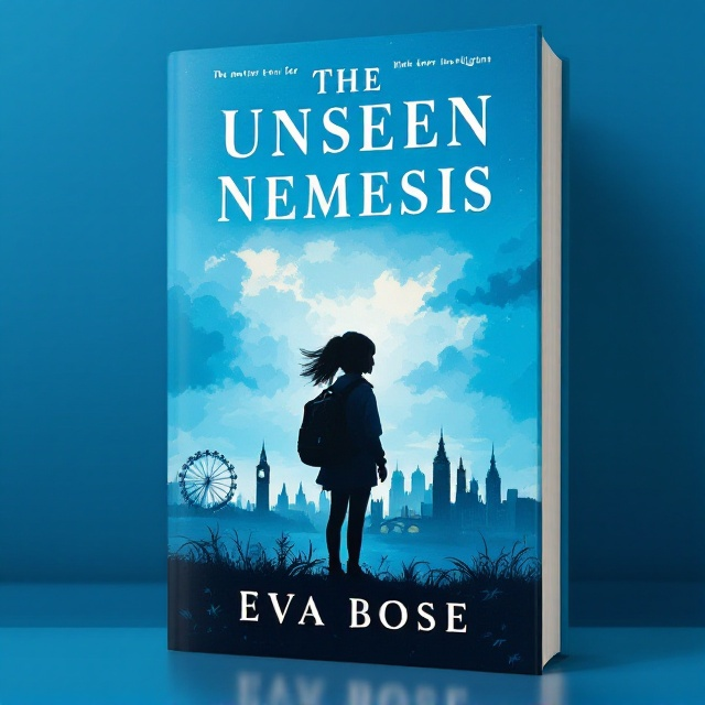 A silhouette of a 17-year-old girl with a backpack facing iconic London landmarks like Big Ben and the London Eye against a bright blue sky with subtle, dark clouds hinting at dread. The girl’s shadow is elongated and morphs into an abstract representation of her mother’s murder investigation.