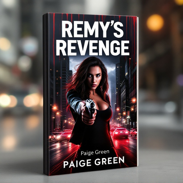 A central, striking image of a fierce-looking woman holding a gun in the foreground, with an urban cityscape with towering buildings and streetlights in the background. Blood is dripping from the top of the cover, blending into the city lights below. Rapid cars and a dark, stormy sky add to the intensity. The colors are predominantly red and black, evoking emotions of anger and vengeance.