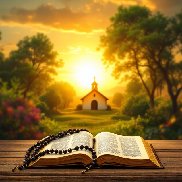 A serene landscape of a small rural Brazilian chapel under a golden sunset sky, surrounded by lush green trees symbolizing growth and life. In the foreground, an open Bible with a rosary draped over it, signifying faith and devotion, occupies the lower third of the cover. The background incorporates soft light rays emanating from the horizon, invoking a divine presence.