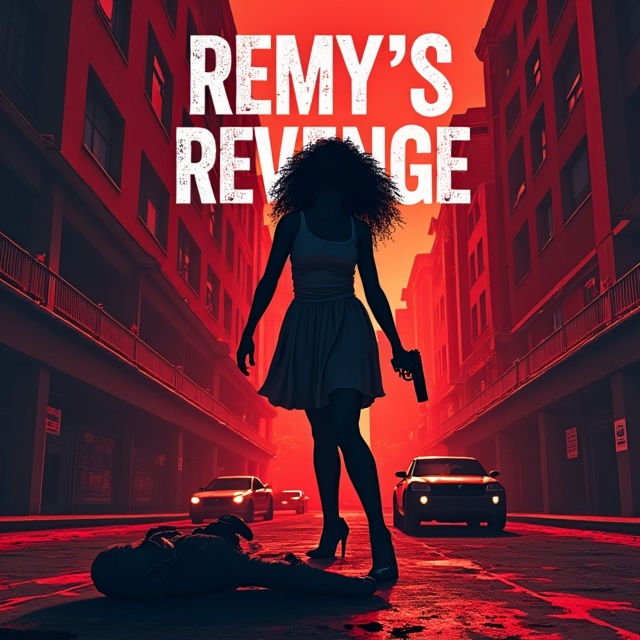A black woman screaming in anguish with a gun in her hand, standing in the foreground. The cityscape is behind her, with skyscrapers and dark alleyways. A lifeless body is on the ground near her feet, and there are splashes of blood on the pavement. Cars are parked on the side of the street, and the entire scene is drenched in shades of red, representing blood and rage.