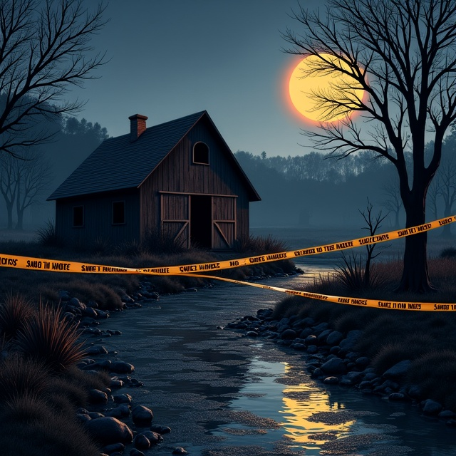 A haunting nighttime scene featuring a burnt-down barn in the foreground, with faint wisps of smoke still rising. Police tape strung across the scene adds a layer of intrigue. In the background, a creek reflects the moonlight, casting an eerie glow. Shadows of trees and distant hills are subtly visible, accentuating the mysteries hidden within Sweet Peach Acres. The color palette primarily consists of black and gold hues, giving an aura of both elegance and suspense.
