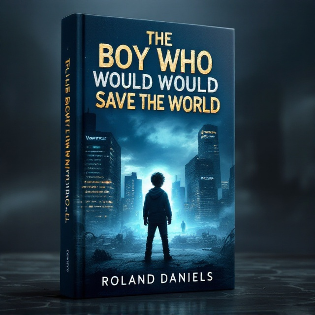 The cover features a darkish blue color palette, portraying a dystopian cityscape in the background with decrepit corporate skyscrapers displaying the names "HydraTech," "Vertivest," and "NexusCorp." The foreground showcases a young boy, Elias, standing defiantly with a determined expression amidst the chaos. A faint glow encircles him, symbolizing hope. The sky is overcast, casting a gloomy atmosphere, with a few rays of sunlight breaking through the clouds, aiming at the boy.