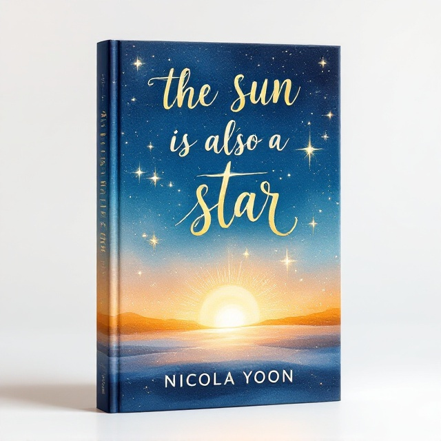 A soft watercolor painting of the sun setting over a horizon filled with twinkling stars. The sun emits a warm, golden glow, and the stars have a silvery, mystical sheen, creating a whimsical atmosphere. Subtle swirls and rays of light weave through the background, adding a sense of calmness and romance.