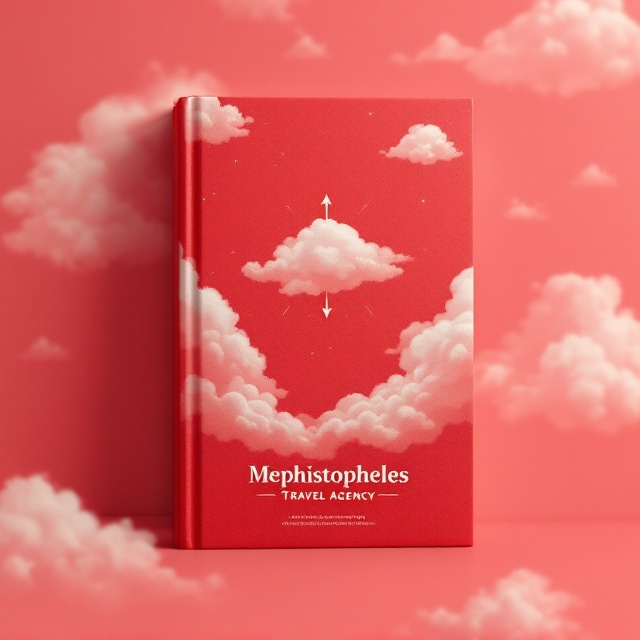 Soft red background with fluffy white clouds covering the entire book cover. In the center, a bold and creative travel logo "Mephistopheles" is featured, symbolizing the excitement of travel and adventure. The logo incorporates slight whimsical elements, reflecting cloud patterns with playful detail and subtle hints of arrows or globetrotter symbols.