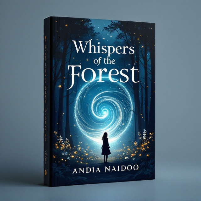 A midnight blue forest scene envelops the cover, with tall, shadowy trees outlined by subtle starlight. In the center, a swirling, luminous portal radiates a soft, mystical glow. Tiny golden sparkles scatter through the air, adding a touch of magic. A young girl stands in the foreground, facing the portal, her silhouette framed by wildflowers and ethereal mist under the moonlight.