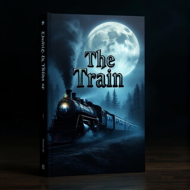 A dark, eerie night with a full moon partially obscured by thick clouds. A long, old-fashioned steam train, emitting a smoky trail, speeds towards the viewer with a haunting forest in the background. Shadows of ghostly figures can be seen in the windows of the train.