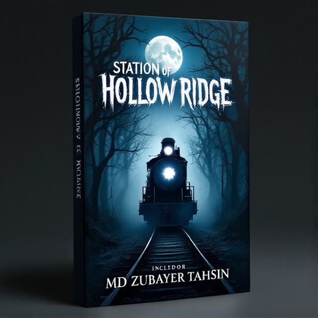 A dark and ominous train emerges from the shadows of a dense, eerie forest. The train's headlights cut through the fog, illuminating twisted tree branches and mist. The full moon glows faintly in the sky above, adding to the unsettling atmosphere. The primary color palette consists of dark blues, grays, and blacks, with accents of ghostly white.