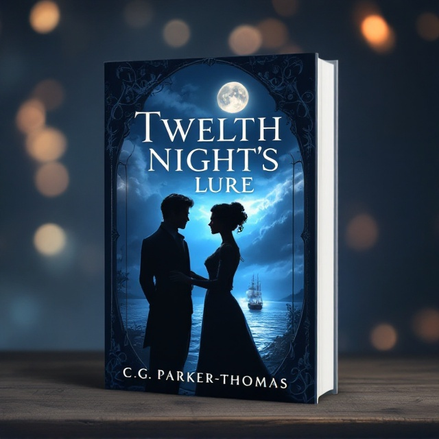 The cover features a soft, moonlit night scene. In the foreground, two silhouetted figures of Viola and Orsino stand semi-profiled, with Orsino's hand gently reaching towards Viola. Viola’s attire subtly hints at her dual identity with a visible waistcoat beneath her Regency gown. In the background, an enigmatic ship on a serene, moonlit sea adds a touch of intrigue and mystery. The entire scene is framed by a delicate, arc-shaped window that emphasizes the romantic and nocturnal theme. The moon and clouds are painted in soft midnight blues and silvers.