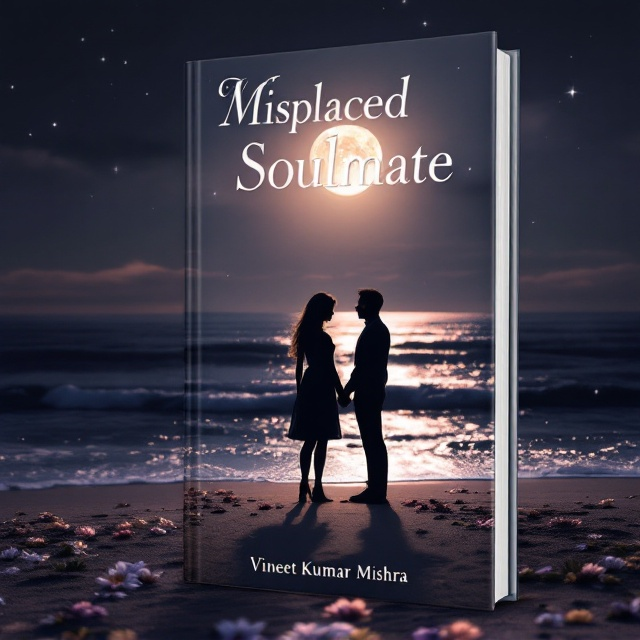 A serene beach setting at twilight under a gentle, full moon. Two silhouettes holding hands stand near the water's edge, surrounded by scattered flowers on the sand. The moonlight casts a soft glow on the scene, highlighting the peaceful yet melancholic atmosphere. In the background, the ocean waves gently lap against the shore, with a few stars visible in the night sky.