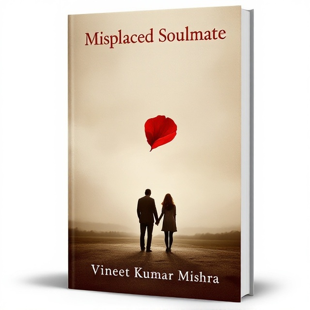 A faded sepia-toned photograph of a couple standing hand-in-hand at a distance, with a cloudy, melancholic sky above them. Their figures are slightly blurred, giving a dreamy effect. A single red rose petal falling through the center creates a focal point, symbolizing love and loss. The background blends into shades of soft earth tones, with a distant landscape barely discernible.