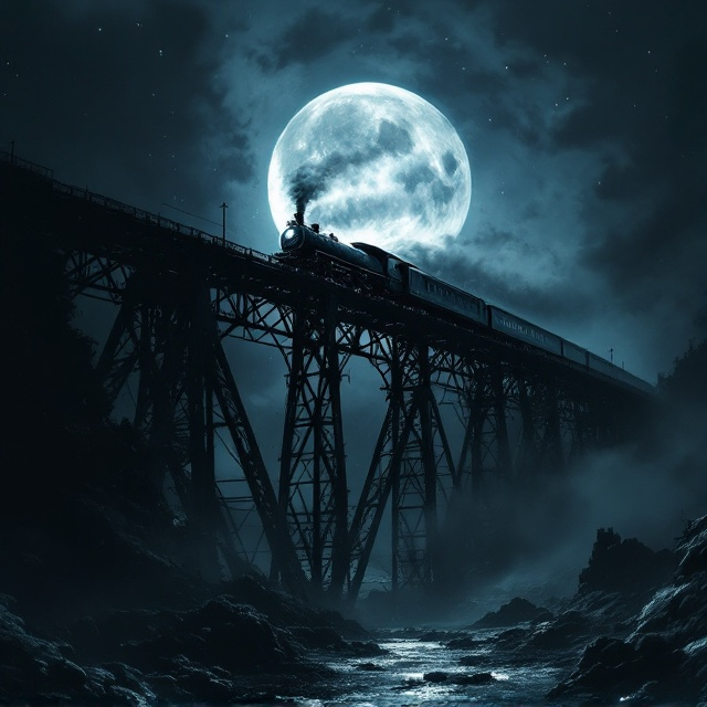 A dark, eerie night setting with a powerful, shadowy train moving determinately upward on a rickety, ancient bridge. The moon glows ominously in the starless sky, casting a silver reflection on the train and bridge. Wisps of fog drift around the base of the bridge, adding to the atmosphere of mystery and fear.