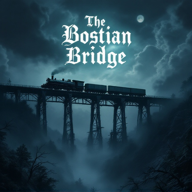 A dark, moonlit sky with ominous clouds hanging low, illuminated subtly by dim moonlight. In the foreground, a sinister-looking train moves upward on an old, rickety bridge that seems to be falling apart. Shadows and mist rise from the depths below the bridge to create a haunting atmosphere. The title "The Bostian Bridge" glows faintly with a ghostly light.