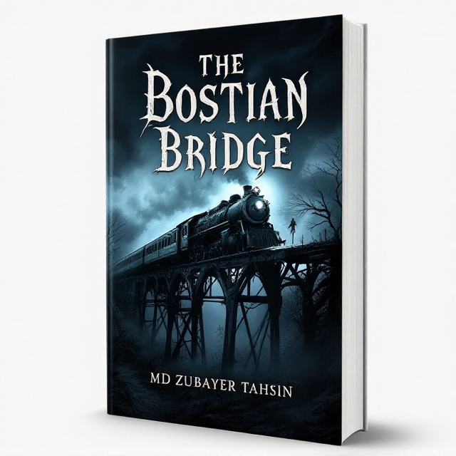 A dark, moonlit night sky with ominous clouds surrounds a menacing old train heading over Bostian Bridge. The train's headlamp casts a haunting beam through the misty fog, illuminating the skeletal structure of the bridge. Shadows and subtle hints of paranormal figures are spread across the scene to intensify the spookiness.