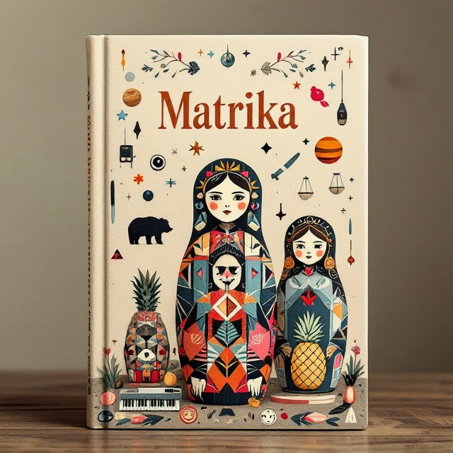 Three Russian dolls are placed centrally, each with a distinct style of dress. The central doll has a modern dress featuring geometric patterns and vibrant colors. Surrounding them are elements representing the expected symbols a subtle background of a Lada Niva in silhouette, the Venera goddess holding a cross, a bear sitting beside a train, a piano, life vest, knives and a pineapple surrounded by a bomb. In the outer perimeter, the planet Mars, scales, and a mouth with MDMA on the tongue wrap around the scene.