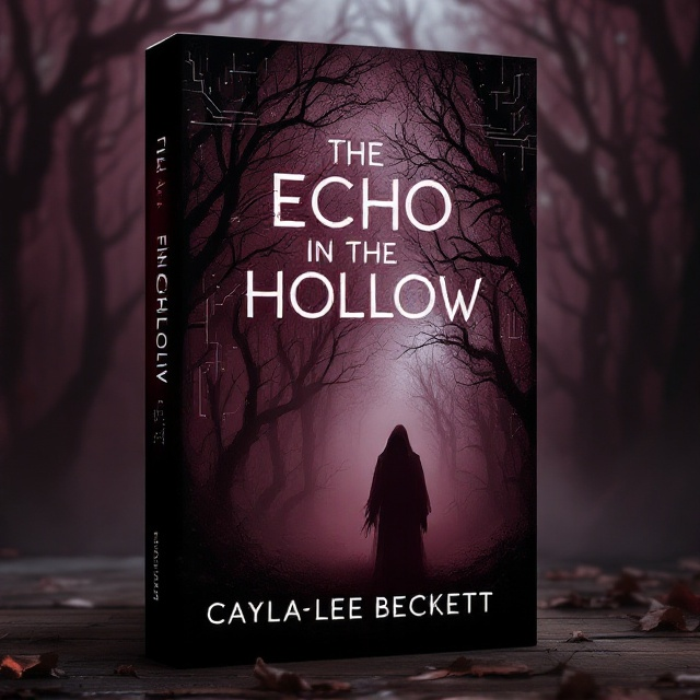 A dark, maroon-hued forest with twisted, eerie trees fills the background, cloaked in mist that gives an illusion of swirling souls. In the foreground, a subtle silhouette of an ominous-looking figure half visible, partially hidden among the trees, creates an unsettling mystery. Silver electronic circuit patterns faintly overlay the scene, suggesting a merging of the technological and the natural.