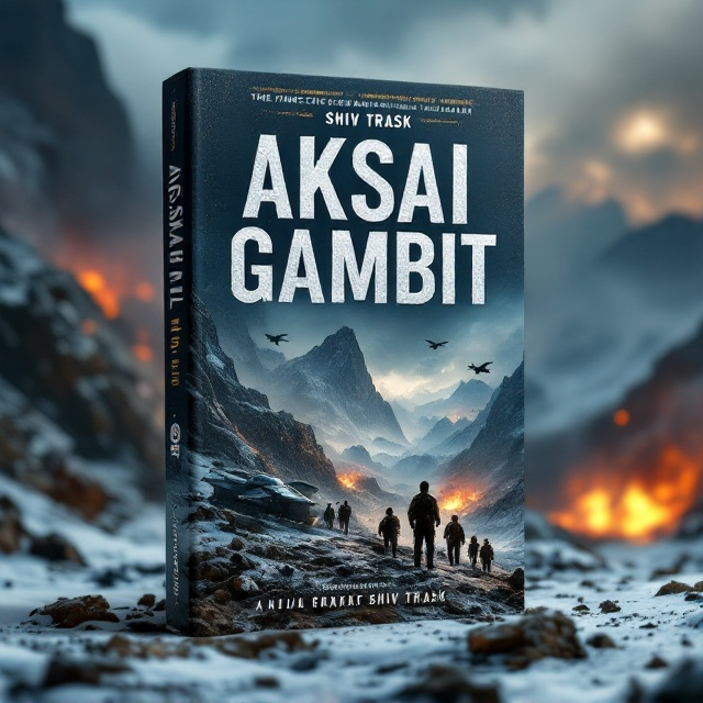 The cover features a dramatic high-altitude landscape of Aksai Chin, with jagged peaks and a stormy sky as the backdrop. In the foreground, silhouettes of Indian and Chinese soldiers in full tactical gear assert presence. Modern military equipment, such as drones and vehicles, subtly occupy the background, while distant explosions paint the horizon in fiery hues. Golden accents highlight the bold title in silver at the top center. A Tejas fighter jet's shadow and ghostly Indian Army emblem enrich the scene.