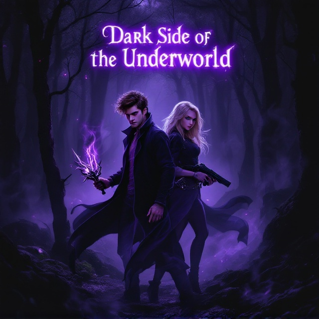 The cover features a captivating scene in a mystical, shadowy forest. In the foreground, an 18-year-old brunette male with geeky yet fierce features stands confidently, wielding an intricate weapon glowing faintly with magical energy. Beside him, an 18-year-old blonde woman, her expression determined and fierce, grips a sleek gun. Surrounding them, black smoke swirls, adding mystery and tension. Above, the title "Dark Side of the Underworld" appears etched in ethereal patterns, casting a subtle luminescent glow in dark purple hues.