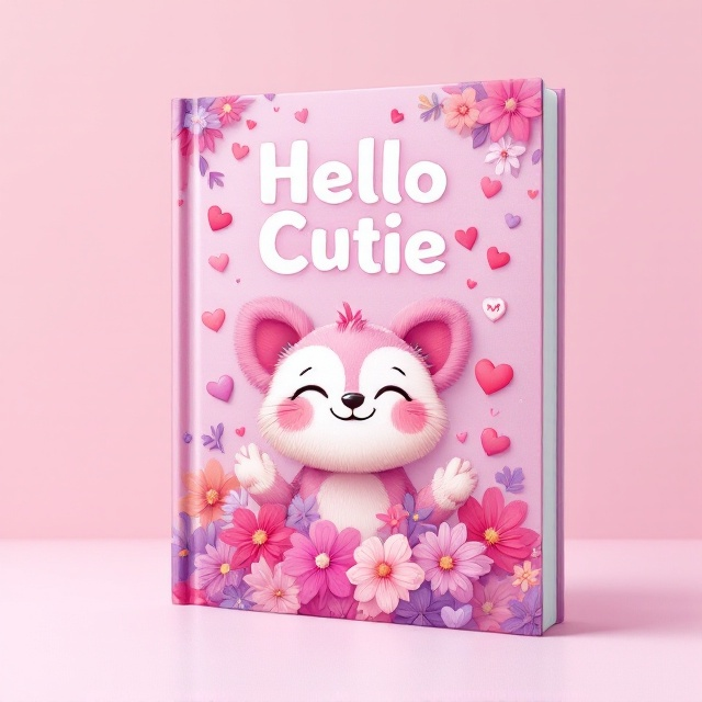 A vibrant, playful illustration of an adorable cartoon creature with a big smile, surrounded by colorful hearts and blooming flowers in various shades of pink and purple, set against a soft pink background with a subtle gradient. The creature's expression radiates happiness and joy, complemented by whimsical elements scattered around the composition.