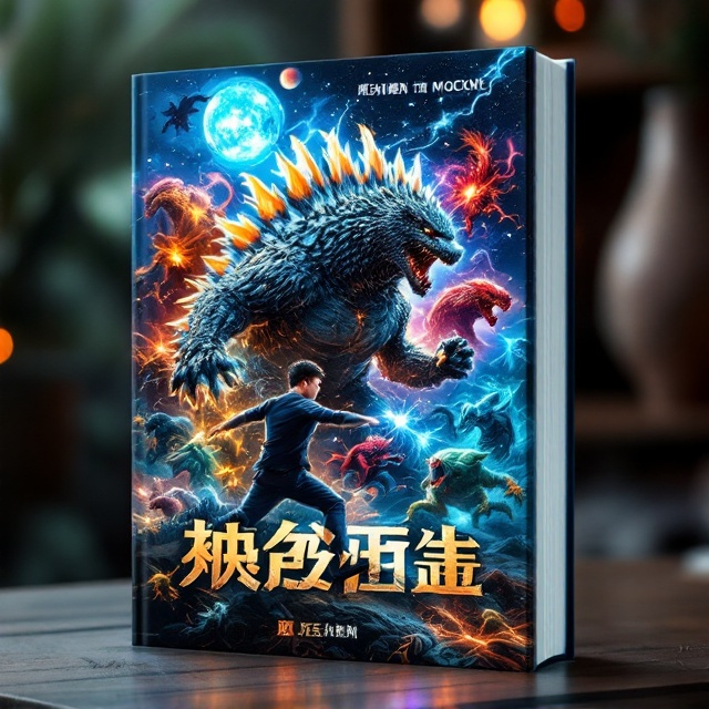 The cover features a dynamic image of a young man seamlessly transforming into a small Godzilla-like creature. This character, placed prominently in the foreground, battles various fantastical creatures from different dimensions. The background showcases a collage of diverse worlds, creating a sense of depth and adventure. A blend of vibrant and dark hues emphasizes action and mystery.