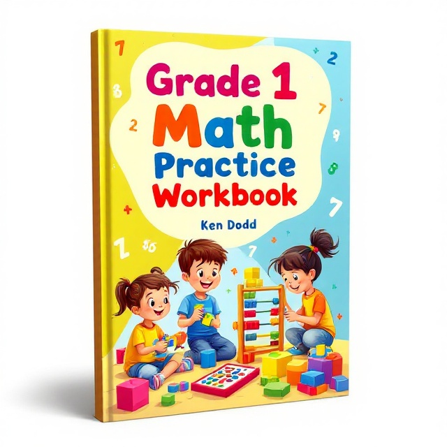 The cover features a bright and cheerful illustration of children engaged in various math-related activities, like counting blocks, using an abacus, and playing with shapes. There is a colorful background with numbers and symbols subtly integrated, creating an engaging and playful atmosphere that appeals to kids aged 5-7. The overall color scheme is vibrant, using primary colors to capture a young child's attention and evoke excitement about math.