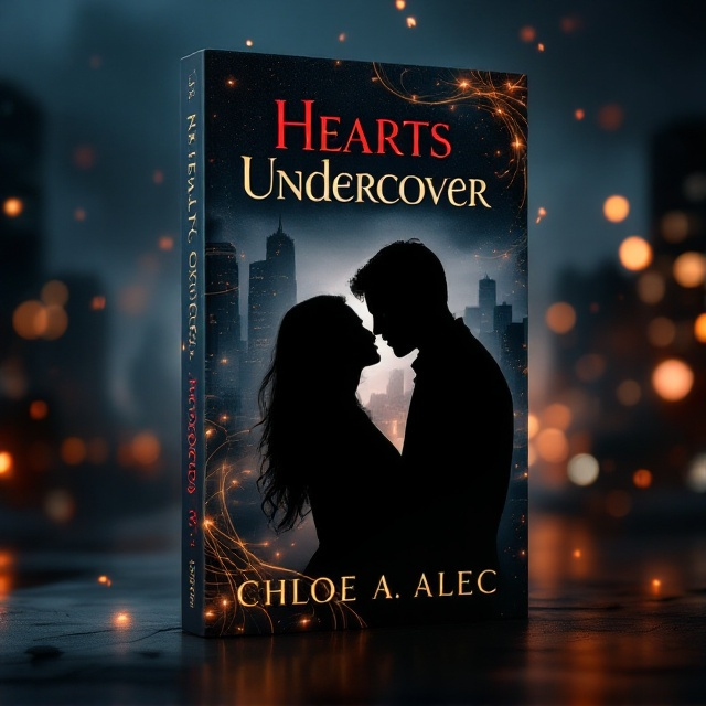 A shadowy cityscape at dusk forms the background, with silhouettes of Chloe and Alec in the foreground, partially obscured by mist. The figures are positioned slightly away from each other but with faces turned towards one another, symbolizing intrigue and tension. A subtle, swirling pattern of red and gold lights suggests passion and romance interwoven with danger.