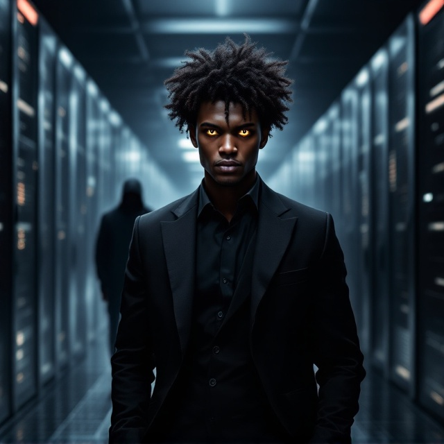 On a dimly lit, expansive data center setting, the focus is a striking black male figure at the forefront. Dressed sharply in a suit, he stands confidently with his curly hair. His gaze reveals a vividly detailed Sharingan eye, capturing an intense, supernatural aura. In the background, a shadowy silhouette of a hacker lurks, heightening the tension.