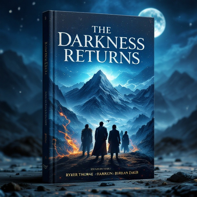 A vast expanse of dark blue sky drapes over a rugged mountain range in the background. The moon occupies the top right corner, casting a gentle glow, while the sun blazes in the top left, creating a yin-yang symmetry of illumination. Central at the bottom, there is an assembly of standout characters displaying a mix of coolness and humor, their demeanor adventurous and ready for a quest. Directly behind them, demons loom, adding an edge of peril and mystique, their forms partially obscured by swirling elements of earth, moonlight, and water.