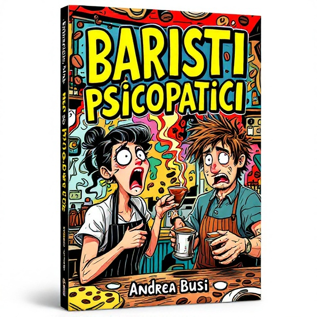 The cover showcases a vibrant and chaotic illustration of the inside of a bustling Italian café. At the center, a 30-year-old female bartender is depicted with exaggerated features, eyes bulging and mouth open in an intense scream. Beside her, a male barista with wild, disheveled hair and a pained expression stands, frantically holding a coffee pot spilling cappuccino artfully mid-air. The background is filled with abstract coffee beans and swirling steam patterns, all in a kaleidoscope of bright colors, creating an energetic and whimsical atmosphere.