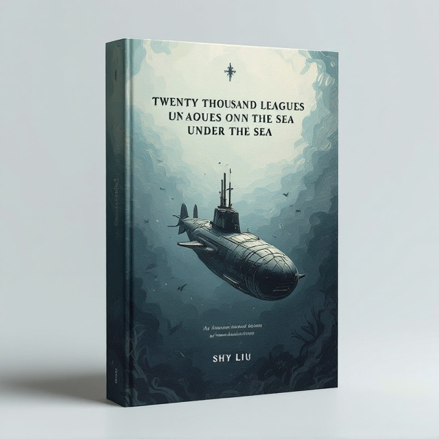 A vast, deep ocean scene with subtle waves at the surface transitioning into the profound depths. The focal point is a finely sketched submarine, partially shadowed, navigating through murky waters, surrounded by abstract outlines of mysterious sea creatures. The background uses muted blues and greens to evoke the ocean’s feel, with diffused lighting suggesting the sunlight barely penetrating the water.