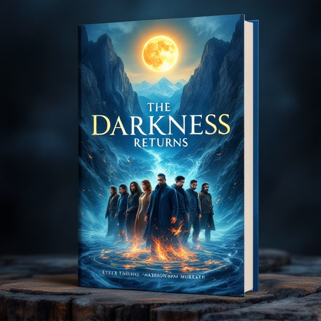 A dramatic scene framed by towering mountains in the background, cloaked in shadows. The sun is positioned in the top left corner, casting a golden glow, while the moon occupies the top right corner, its silvery light contrasting subtly with the sun. At the cover's center-bottom, a diverse group of characters is strategically placed, standing together with determined expressions. Beneath and amidst them, otherworldly demons are emerging from a swirling pool of elements featuring earth, water, fire, and air with dynamic energy flows that hint at magic and conflict. The cool, dark blues are offset with vibrant elements like fiery reds and ethereal silvers for a striking contrast.