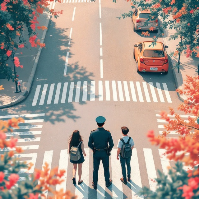 An aerial view of a pedestrian crossing is presented with a bustling city vibe. Central to the image is a handsome young policeman facing away from the viewer, dressed in full uniform with a cap, halting the flow of traffic. A long teenage school girl, around 17, with a backpack, is shown crossing the road. Cars are stopped in both directions, illustrating the policeman's action. The scene is imbued with pastel hues, enhancing the romance feel.