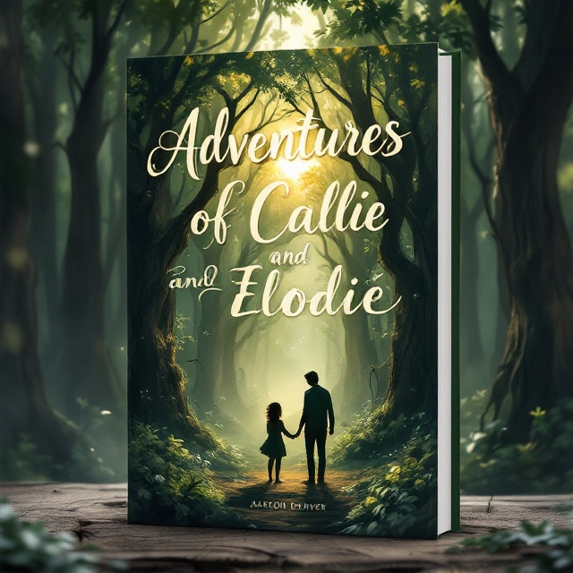 A richly detailed forest scene with sunlight peeking through the dense canopy of ancient, towering trees. Soft tendrils of mist curl around the tree trunks, giving the scene a magical and mysterious aura. In the foreground, subtle outlines of two figures, Callie and Elodie, are depicted in a way that suggests both intimacy and adventure. Touches of ethereal light and shadow create a sense of depth and wonder.