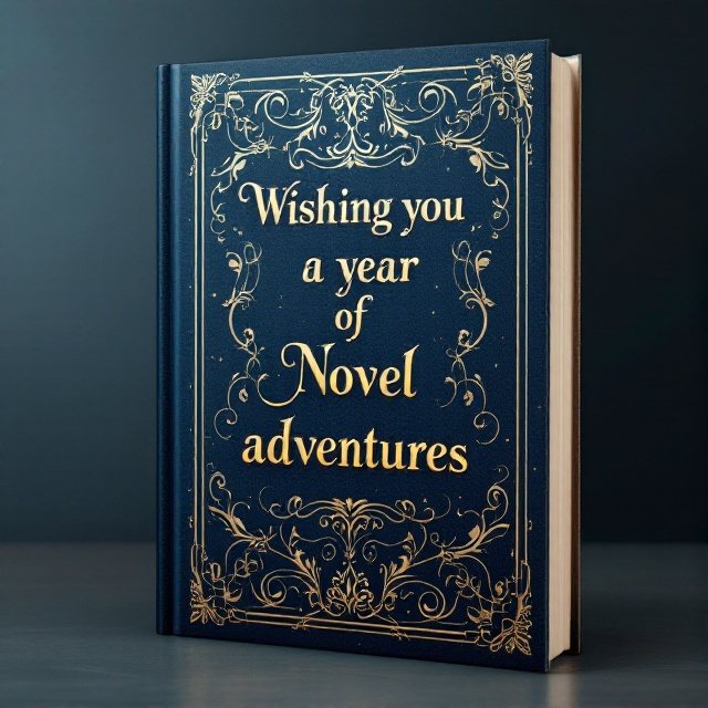 A vintage-inspired cover featuring an old book motif. The background is a deep dark blue, providing an elegant and timeless canvas. The title, "Wishing you a year of novel adventures," is intricately embossed in shimmering gold foil, exuding opulence. Surrounding the text, delicate gold line art, reminiscent of vintage filigree patterns, dances across the cover like whispers from a bygone era.
