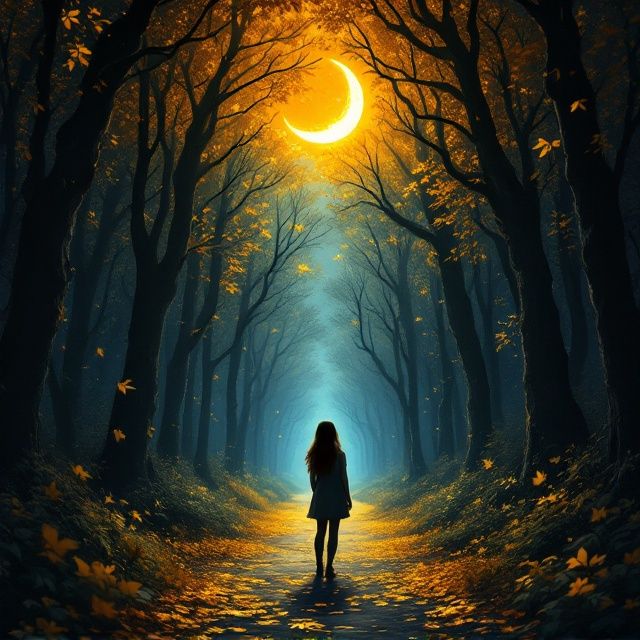 The cover features a young lady, Luna, standing at the entrance of a mystical, shadowy forest filled with golden leaves. She is gazing towards a distant, softly illuminated pathway that leads deeper into the forest, symbolizing a journey. The forest is dense with tall trees whose leaves shimmer in shades of gold. The background merges from a deep black and dark blue night sky, subtly lit by a crescent moon peeping through the thick canopy, enhancing the magical aura.