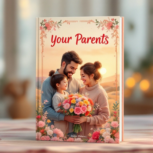 A heartwarming illustration of a child presenting a colorful bouquet of flowers to their parents, who are smiling warmly. The background features a soft pastel landscape with a setting sun in the distance, giving a serene and affectionate vibe. The illustration is surrounded by a delicate, ornate border.