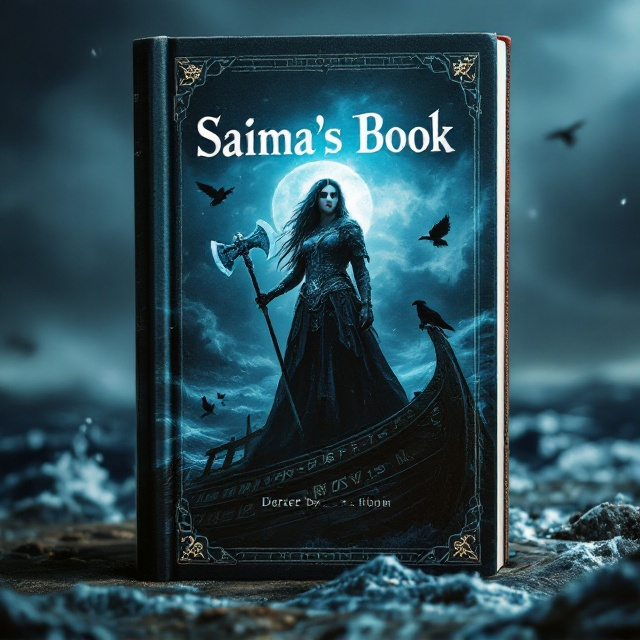 The cover features a dark, stormy sky as a backdrop, casting an ominous shadow over a swirling sea. In the foreground, a Viking woman stands valiantly on the deck of a ship with a large, ornate axe in her hand. Her determined expression is accentuated by the ethereal glow of magical runes etched into her armor. Silhouetted against the churning clouds, several ravens fly, creating a sense of movement and mystery. The ship is rugged, with intricately carved designs showing scenes of ancient battles.