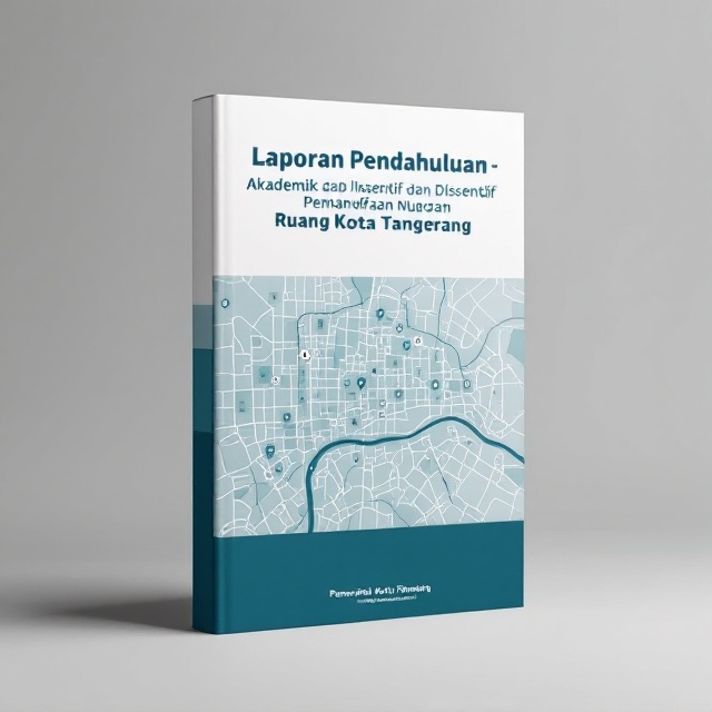 The cover features a minimalist map of Kota Tangerang in subtle light grays and blues, showcasing its urban layout with transparent overlays of urban planning symbols like arrows, dotted lines, and zoning icons. This map spans the middle section of the cover. The top third contains the book title in bold lettering, while the bottom third is reserved for the author’s name against a dark teal background that merges seamlessly with the design.