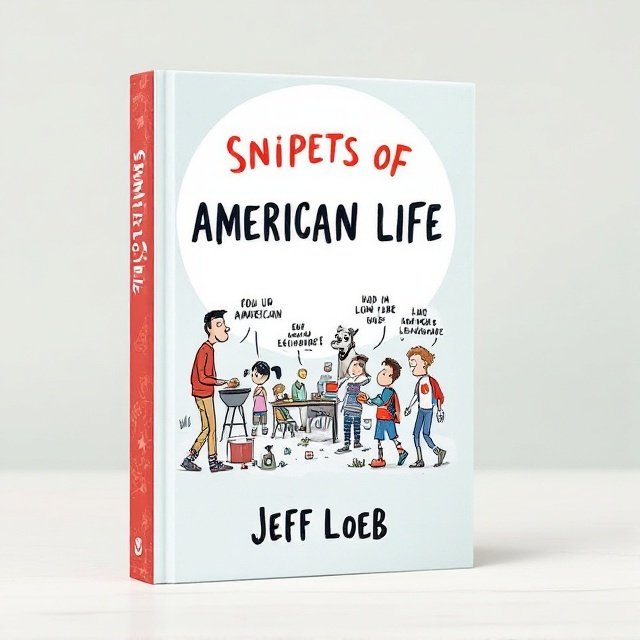 Whimsical handwritten letters form the title "Snipets of American Life" arched across the top. Below it, inside a white circle background, there is a humorous and sarcastic illustration of various quirky American life scenes (e.g., a man grilling in a backyard while wearing silly socks, kids selling lemonade, and a dog dressed as a superhero). Jeff Loeb's name is written in a small, neat font at the bottom. The background outside the white circle is a light pastel color with subtle patterns related to American culture.
