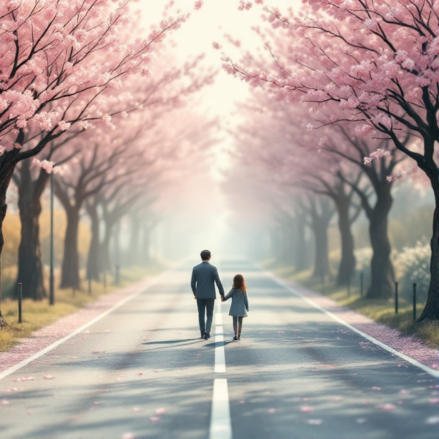 A tranquil road stretches across the cover, bordered by gentle cherry blossom trees. The foreground is dominated by the soft, elongated shadows of a father holding the hand of his daughter, walking down this road. The cherry blossoms scatter softly in the breeze, their pink petals creating a contrast against the muted tones of the road beneath.