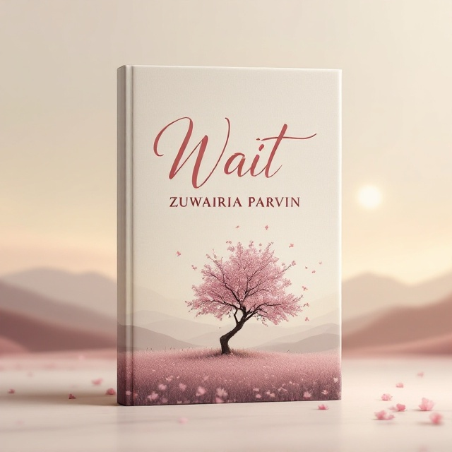 A serene landscape features a solitary blossom tree in the foreground, its delicate pink petals drifting away in the breeze. The background is a soft, muted sunset, casting a gentle golden light over the scene, creating a melancholic ambiance. Subtle, shadowy silhouettes of distant hills anchor the composition.