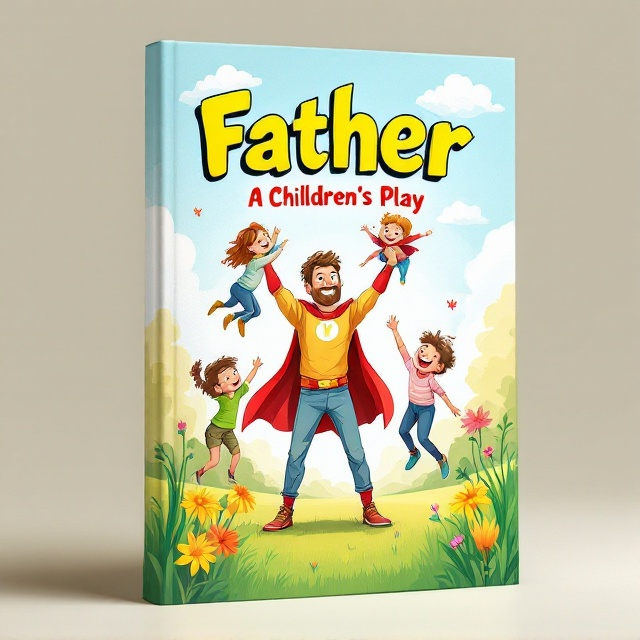 The cover features a whimsical, cartoon-like illustration of a playful father and his children in a park setting. The father is wearing a superhero costume, playfully lifting his children in the air as they laugh joyously. The background includes bright green grass, colorful flowers, and a sunny sky with fluffy white clouds, creating an energetic and lighthearted atmosphere.