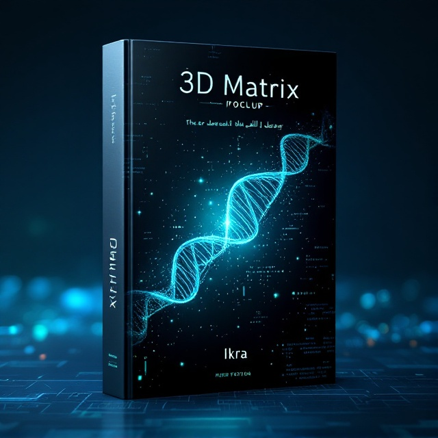 A dynamic design featuring a glowing neon blue and green DNA matrix intertwined with Arabic calligraphy spelling 'Ikra'. The DNA helix runs diagonally across the cover, set against a dark, sci-fi inspired background filled with abstract data streams and holographic elements. The cover exudes a balance of technological advancements with spiritual depth, highlighted by vibrant colors and intricate patterns that create a blend of the ancient and modern.