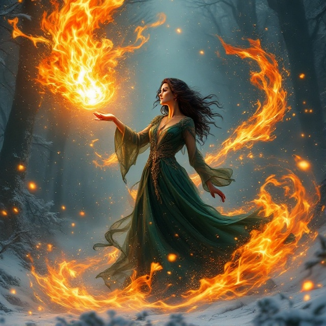A tall female witch with black wavy hair stands dynamically off-center, casting a powerful fire spell that pours from her outstretched hand. She wears an epic fantasy green dress, surrounded by swirling flames and air elements. A snowy forest looms in the background, with swirling snows creating a halo effect around her. The scene is set against a dark, mysterious backdrop hinting at an ongoing battle.