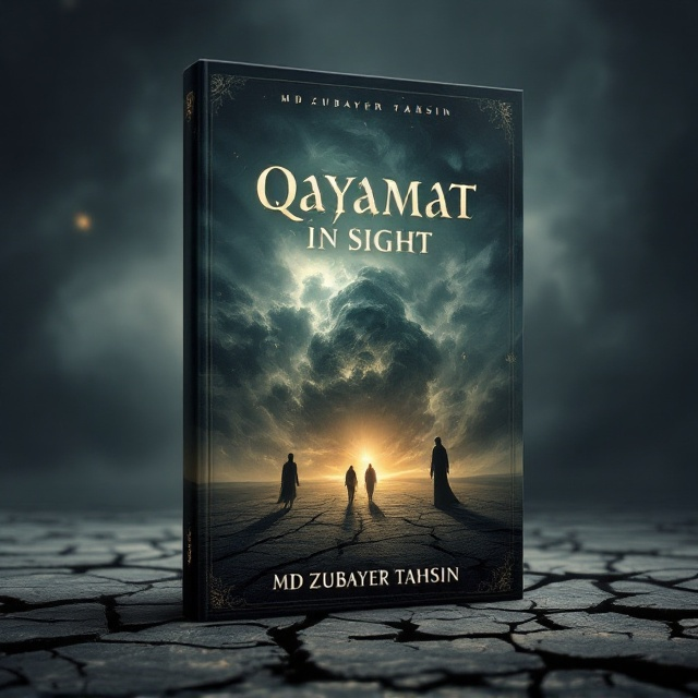 The cover features an ominous dark sky filled with swirling storm clouds and faint, ghostly apparitions. In the foreground, a cracked earth surface stretches out, symbolizing desolation. A faint, eerie glow emanates from the horizon, hinting at an impending doomsday. Whispers of ethereal figures stand on the cracked ground, casting long shadows that fade into the text. The color palette consists predominantly of deep grays and blues with a touch of gold to add a supernatural essence.